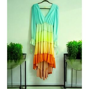 Champagne & Strawberry Women’s Colorful Tiered Boho Dress Sz Small Rainbow Color